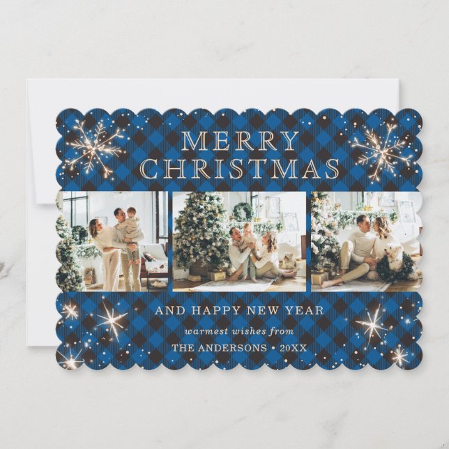 Joyful Sparkly Snowflake Blue Plaid Photo Collage Holiday Card (Front)