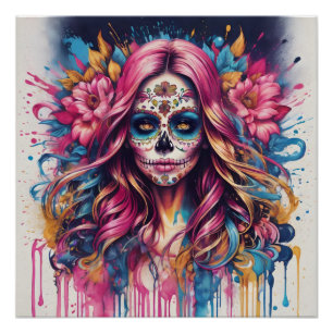 Joyful Spectrum - Blue Pink & Orange Sugar Skull Poster
