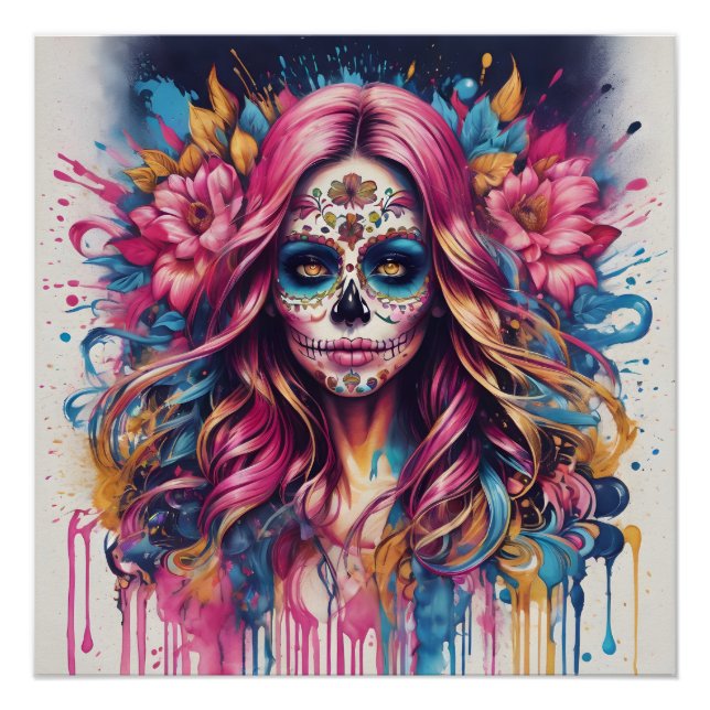 Joyful Spectrum - Blue Pink & Orange Sugar Skull  Poster (Front)