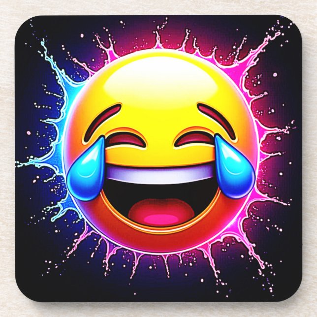 Joyful Splash: Laughing Emoji Art Beverage Coaster (Front)