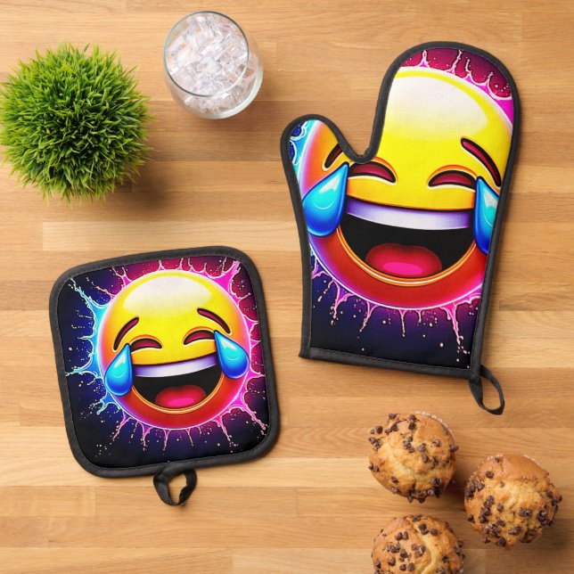 Joyful Splash: Laughing Emoji Art Oven Mitt & Pot Holder Set (Top Down)