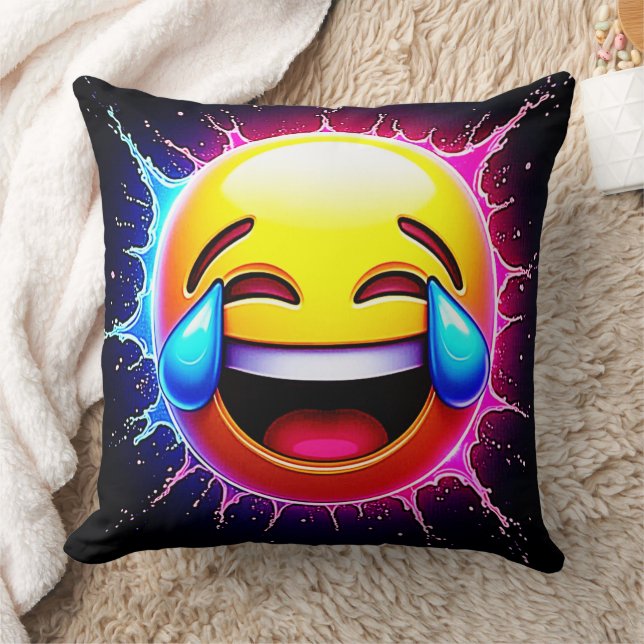 Joyful Splash: Laughing Emoji Art Throw Pillow (Blanket)