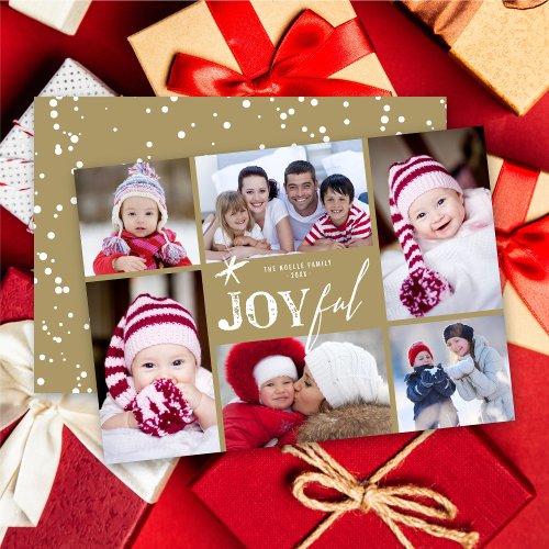 Joyful Star Typography Gold Modern Minimal 6 Photo Holiday Card