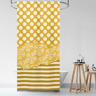 Joyful Stripes Floral Polka Dot Layered Yellow Shower Curtain