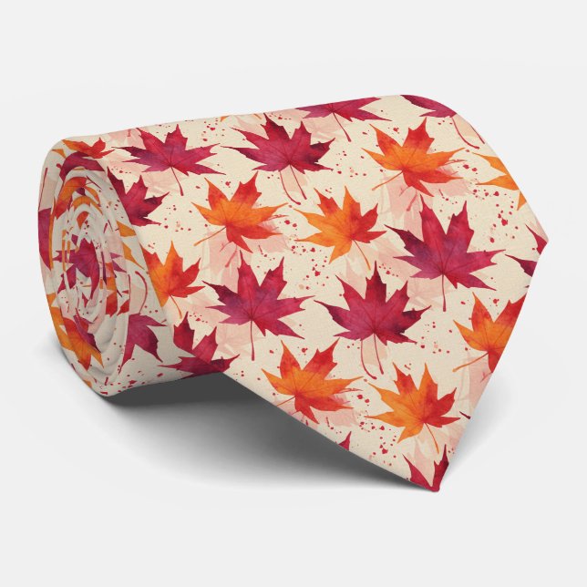 Joyful Sunset Glow Watercolor Maple Leaf Neck Tie (Rolled)