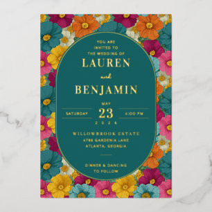 Joyful Teal Floral Wedding Invitation Foil Invitation