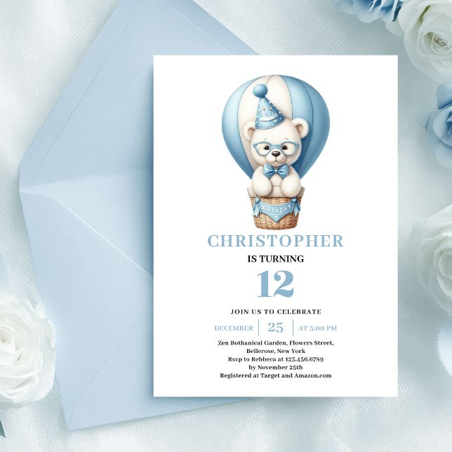 Joyful teddy bear blue balloons boy birthday  invitation (Joyful teddy bear blue balloons boy birthday invite

)