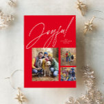 Joyful three photo red family Christmas Holiday Card<br><div class="desc">This three photo family Christmas card features a large modern script "joyful" above a collage of three photos. The variety of shapes and sizes are perfect for showing highlights from the year or the best of the family photo shoot. The festive red background is matched on the back of the...</div>
