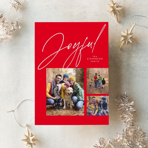 Joyful three photo red family Christmas Holiday Card