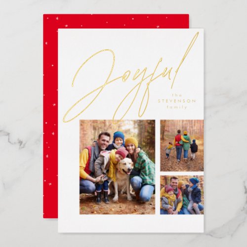 Joyful three photo red gold family Christmas Foil Holiday Card