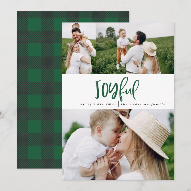Joyful three photo script tartan family holiday card (Front/Back)