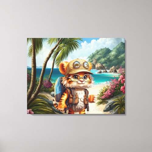 Joyful Tiger Cub with Backpack and coffee Canvas Print
