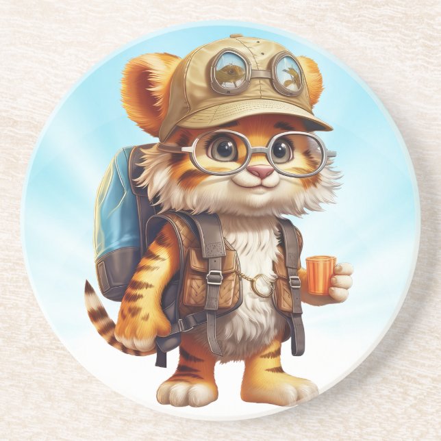 Joyful Tiger Cub with Backpack and coffee Coaster (Front)