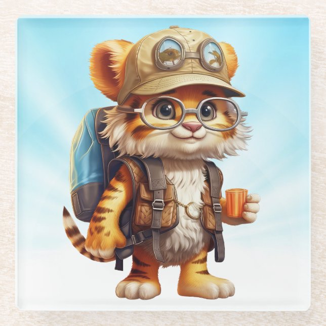 Joyful Tiger Cub with Backpack and coffee Glass Coaster (Front)