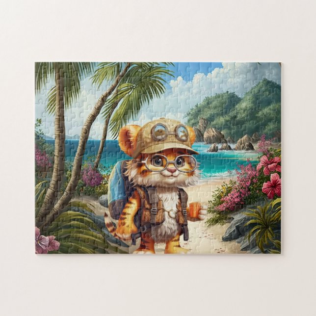 Joyful Tiger Cub with Backpack and coffee Jigsaw Puzzle (Horizontal)