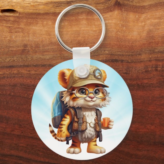 Joyful Tiger Cub with Backpack and coffee Keychain (Front)
