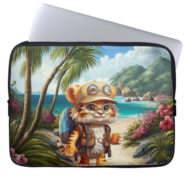 Joyful Tiger Cub with Backpack and coffee Laptop Sleeve (Front)