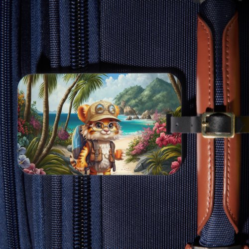 Joyful Tiger Cub with Backpack and coffee Luggage Tag