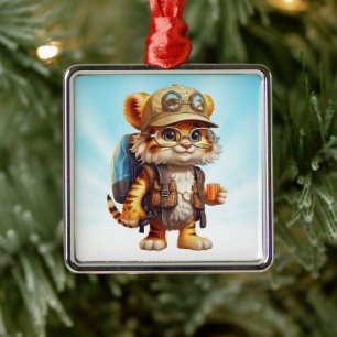 Joyful Tiger Cub with Backpack and coffee Metal Ornament