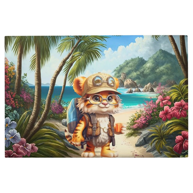 Joyful Tiger Cub with Backpack and coffee Metal Print (Front)