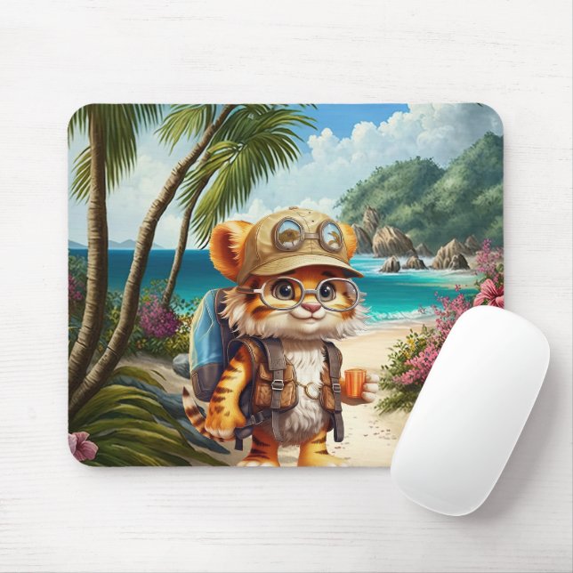 Joyful Tiger Cub with Backpack and coffee Mouse Pad (With Mouse)