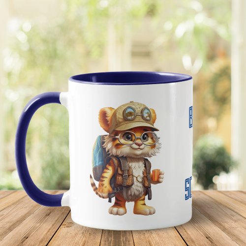 Joyful Tiger Cub with Backpack and coffee Mug