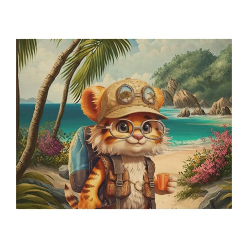 Joyful Tiger Cub with Backpack and coffee Wood Wall Art