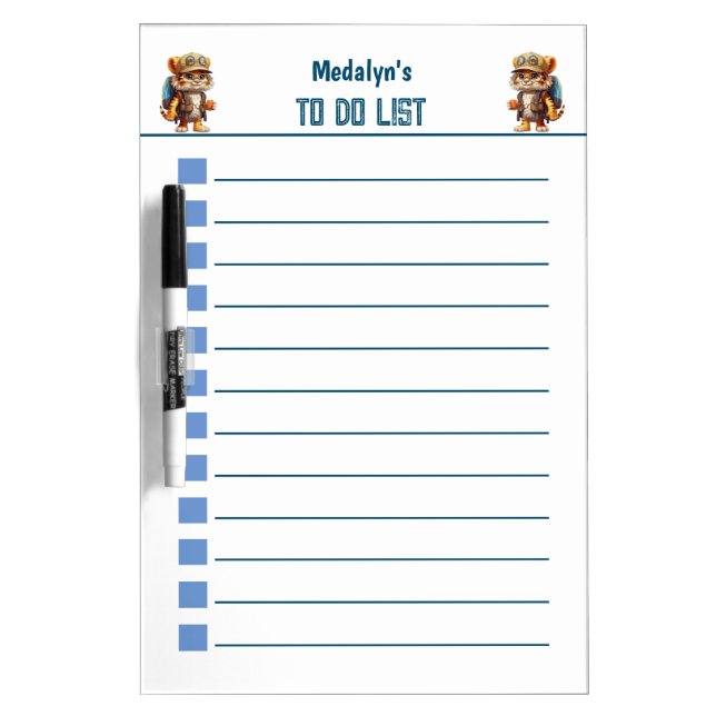 Joyful Tiger Cub with Backpack and drinking Dry Erase Board (Front)