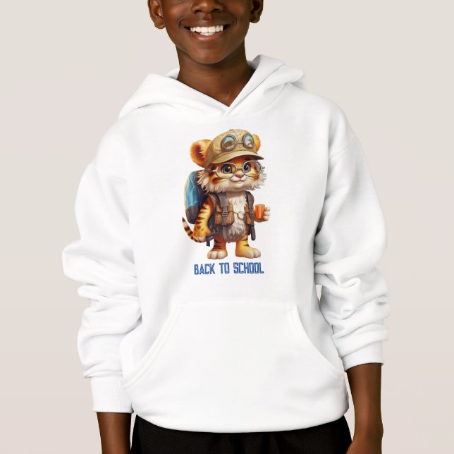 Joyful Tiger Cub with Backpack and drinking Hoodie (Front)