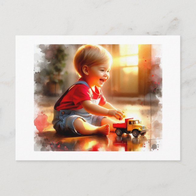 Joyful Toddler Playing With A Toy Truck,  Postcard (Front)