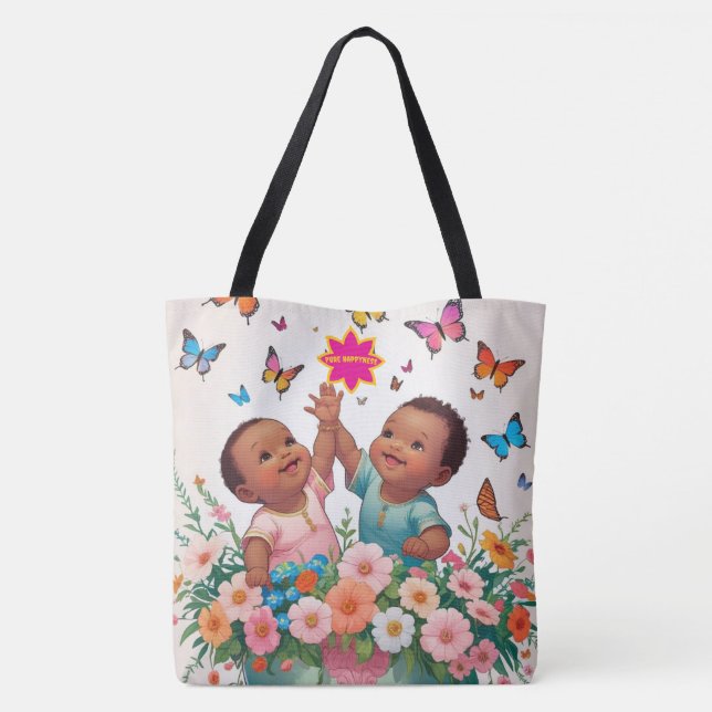 Joyful Tote Bag-Cute Butterfly and Flowers Art (Back)