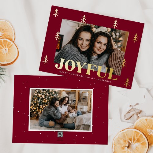 Joyful Trees Burgundy 2 Photo Foil Holiday Card