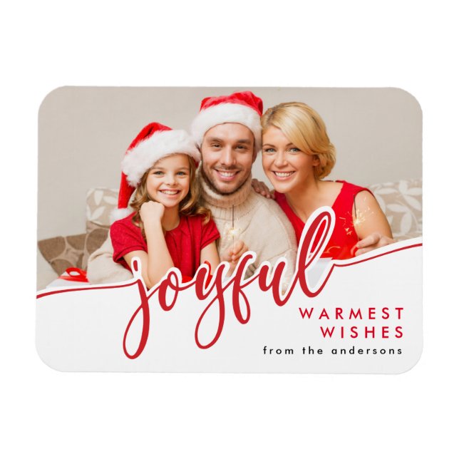JOYFUL - Trendy Red White Christmas Holiday Photo Magnet (Horizontal)