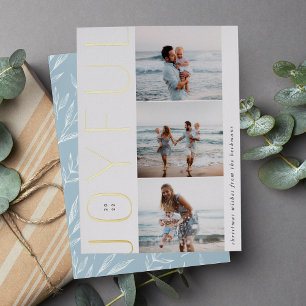 Joyful Trio   Modern 3 Photo Collage Foil Holiday Card