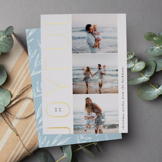 Joyful Trio | Modern 3 Photo Collage Foil Holiday Card (Creator Uploaded)