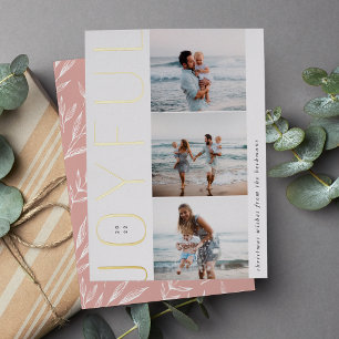 Joyful Trio Modern 3 Photo Collage Foil Holiday Card