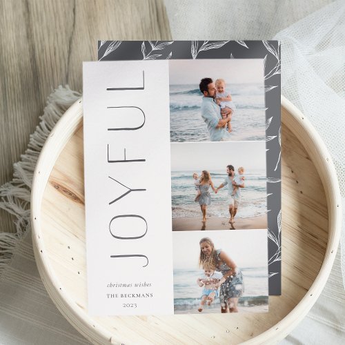 Joyful Trio  Modern 3 Photo Collage Holiday Card