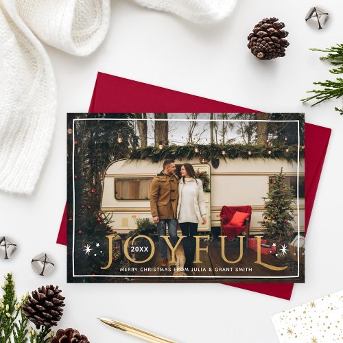 Joyful Twinkle Lights and Stars Brass Foil Photo Holiday Card