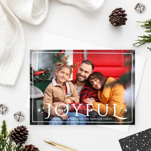 Joyful Twinkle Lights and Stars Dark Gray Photo Holiday Card