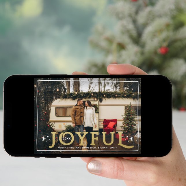 Joyful Twinkle Lights and Stars Gold Foil Photo Holiday Card (Front Digital)