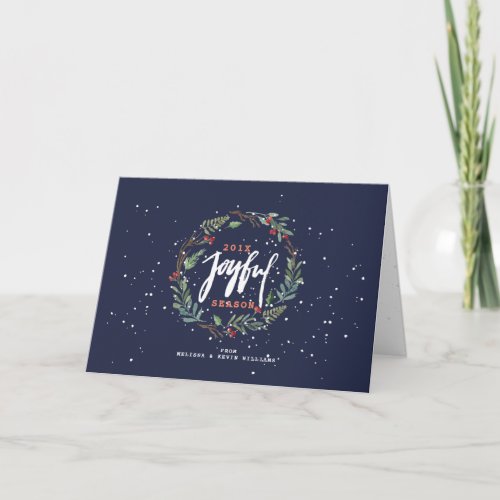 Joyful Typography  Rustic Christmas Wreath Holiday Card