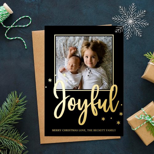 Joyful Typography Script Modern Photo Christmas Foil Holiday Card