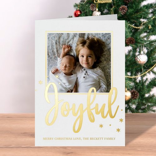 Joyful Typography Script Modern Photo Christmas Foil Holiday Card