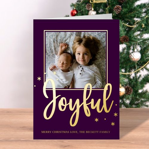 Joyful Typography Script Modern Photo Christmas Foil Holiday Card