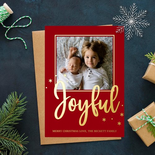 Joyful Typography Script Modern Photo Christmas Foil Holiday Postcard