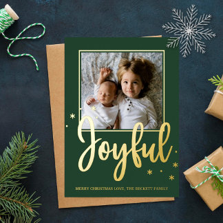 Joyful Typography Script Modern Photo Christmas Foil Holiday Postcard