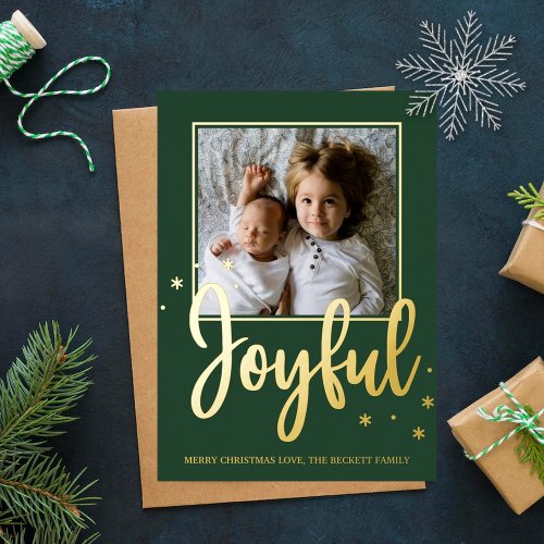 Joyful Typography Script Modern Photo Christmas Foil Holiday Postcard