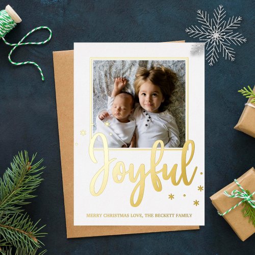 Joyful Typography Script Modern Photo Christmas Foil Holiday Postcard