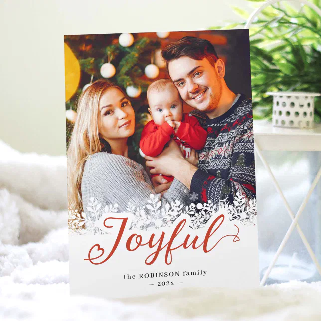 Joyful Typography Snowflakes Christmas Photo Holiday Card | Zazzle