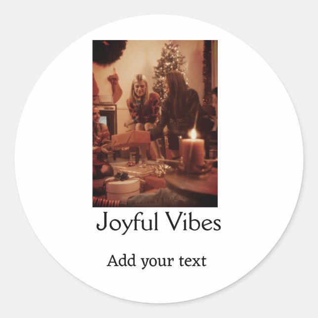 Joyful Vibes add family Christmas photo name simpl Classic Round Sticker (Front)